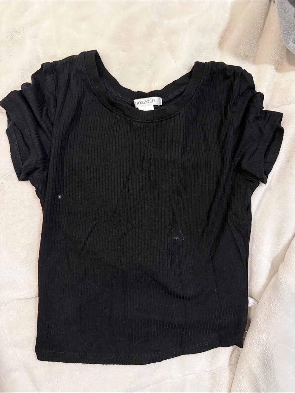 Bozzolo Black Ribbed Crewneck Short Sleeve Top
